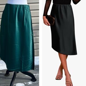 NWT GRACE KARIN Green Satin Elastic Waisted Elegant Midi Slip Skirt
